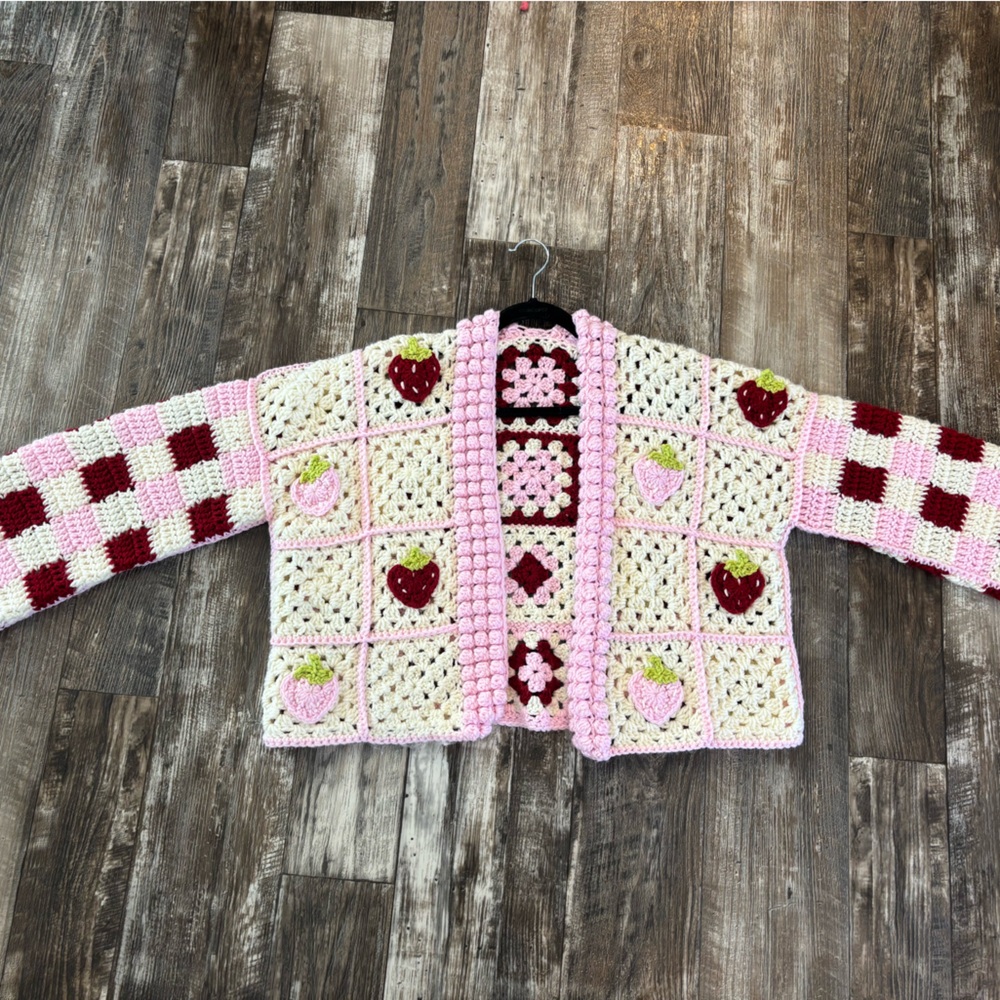 Handmade Crochet Strawberry Picnic Cardigan Checkerboard Pattern - Picture 11 of 12
